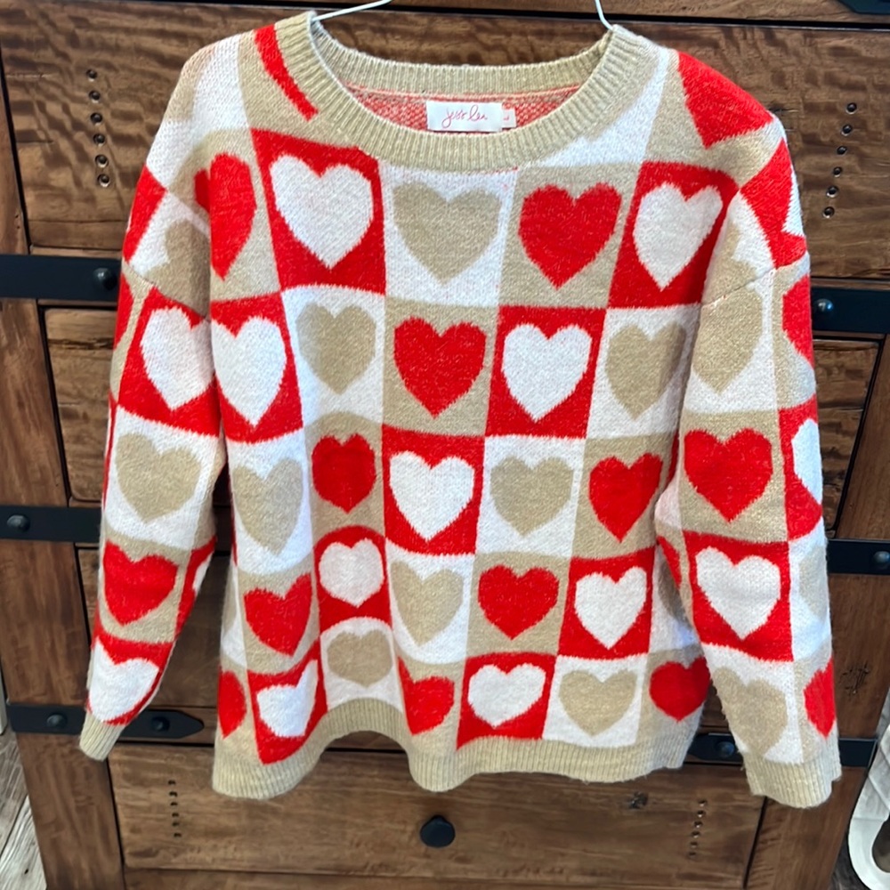 Perfect month of Feb sweater, size L, multi colored hearts.